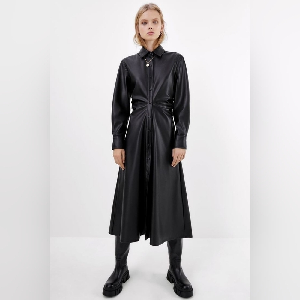 Zara Faux Leather Midi Black Dress